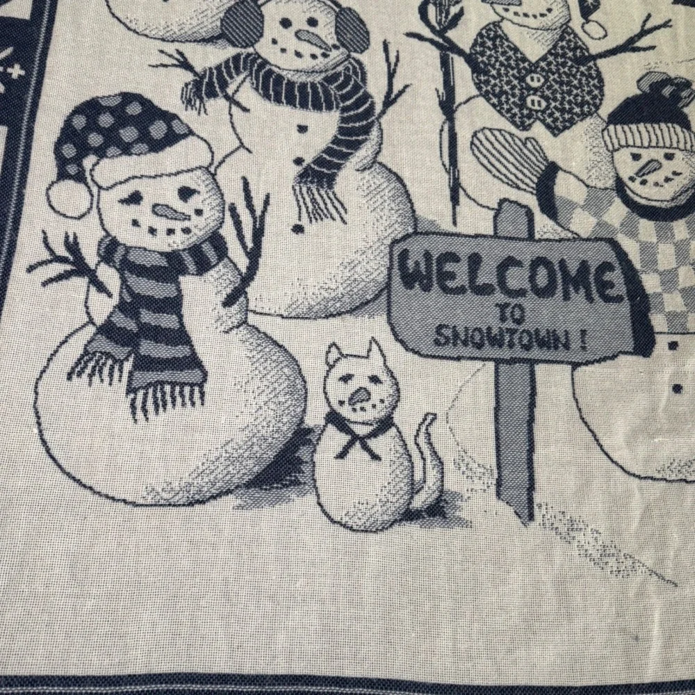 Vintage Welcome to Snowtown Snowman Family Throw Tapestry Blanket Blue Gray EUC‎